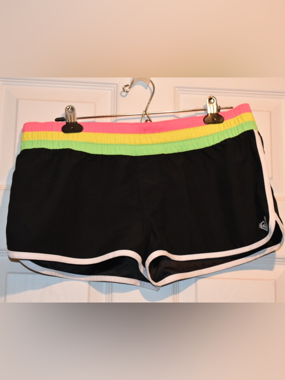 Roxy Black Board Shorts with Neon Pink, Yellow & Green Waistband